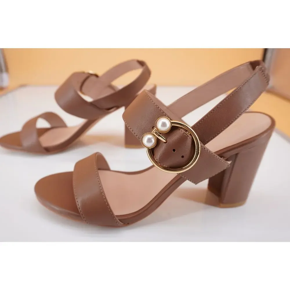 Stuart Weitzman Pearlring 75 mm Block Heel Buckle Sandal SZ 5.5 Camel NIB $495